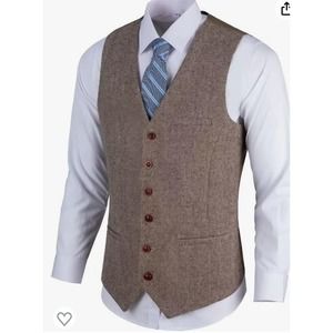 Wehilion Mens Tweed Vest Herringbone Full Back Wool Blend Slim XXL New